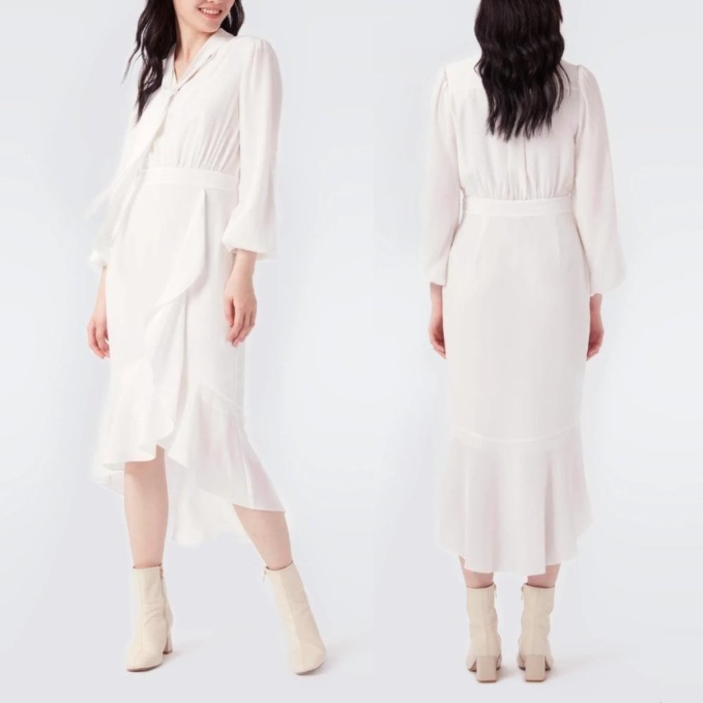 NWT Diane Von Furstenberg Agna Tie Neck Long Sleeve Midi Dress in Ivory